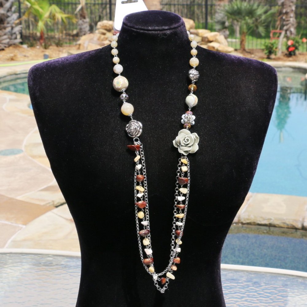 Boho Multi Strand Bead Stone Flower Necklace Set